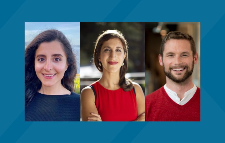 Side-by-side headshots of UC San Diego faculty Zeinab Jahed, Lisa Poulikakos, and Nathan Romero over a blue background