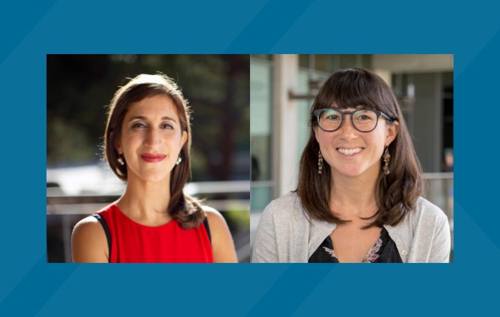 Side-by-side headshots of UC San Diego's Beckman Young Investigator award recipients, Lisa Poulikakos and Tania Morimoto, over a blue background