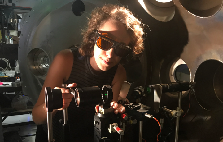 Gaia Righi, a UC San Diego graduate student in Materials Science and Engineering, adjusts a target in the Janus laser at Lawrence Livermore National Laboratory’s Jupiter Laser Facility