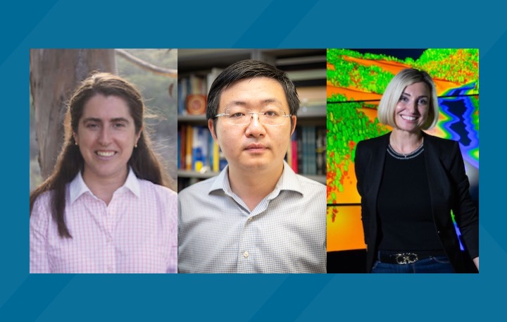 Side-by-side headshots of the three researchers, (left to right: Patricia Hidalgo-Gonzalez, Shengqiang Cai, and Ilkay Altintas), who will lead their teams in projects funded by climate action seed grants from the University of California