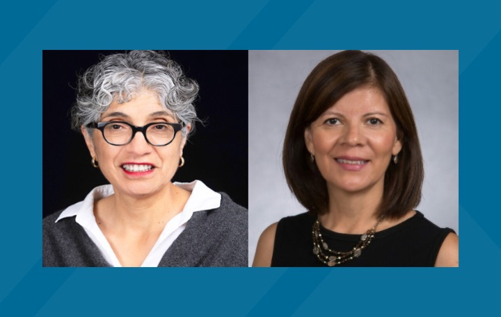 Side-by-side headshots of co-principal investigators for the new UC San Diego FIRST Program, JoAnn Trejo and María Elena Martinez, over a blue background