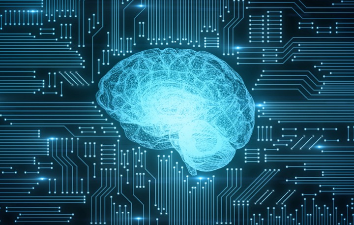 Illustration of brain on a circuit board background